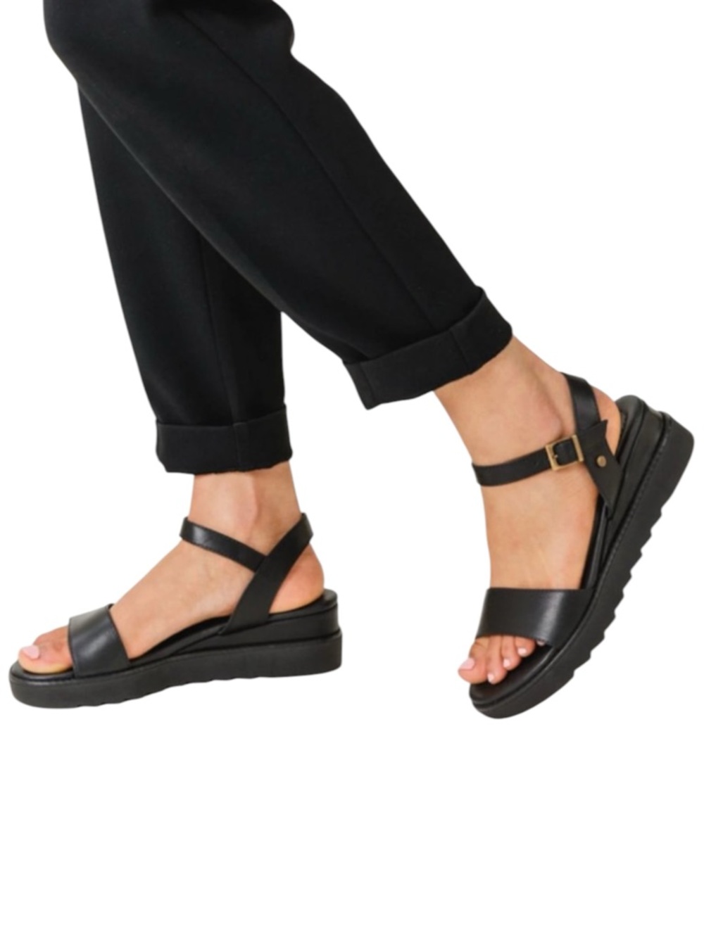 PATINA SOHO BLACK LEATHER ANKLE WRAP WEDGE SANDAL